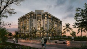 Modern high-rise luxury apartment exterior in Al Mouj Muscat